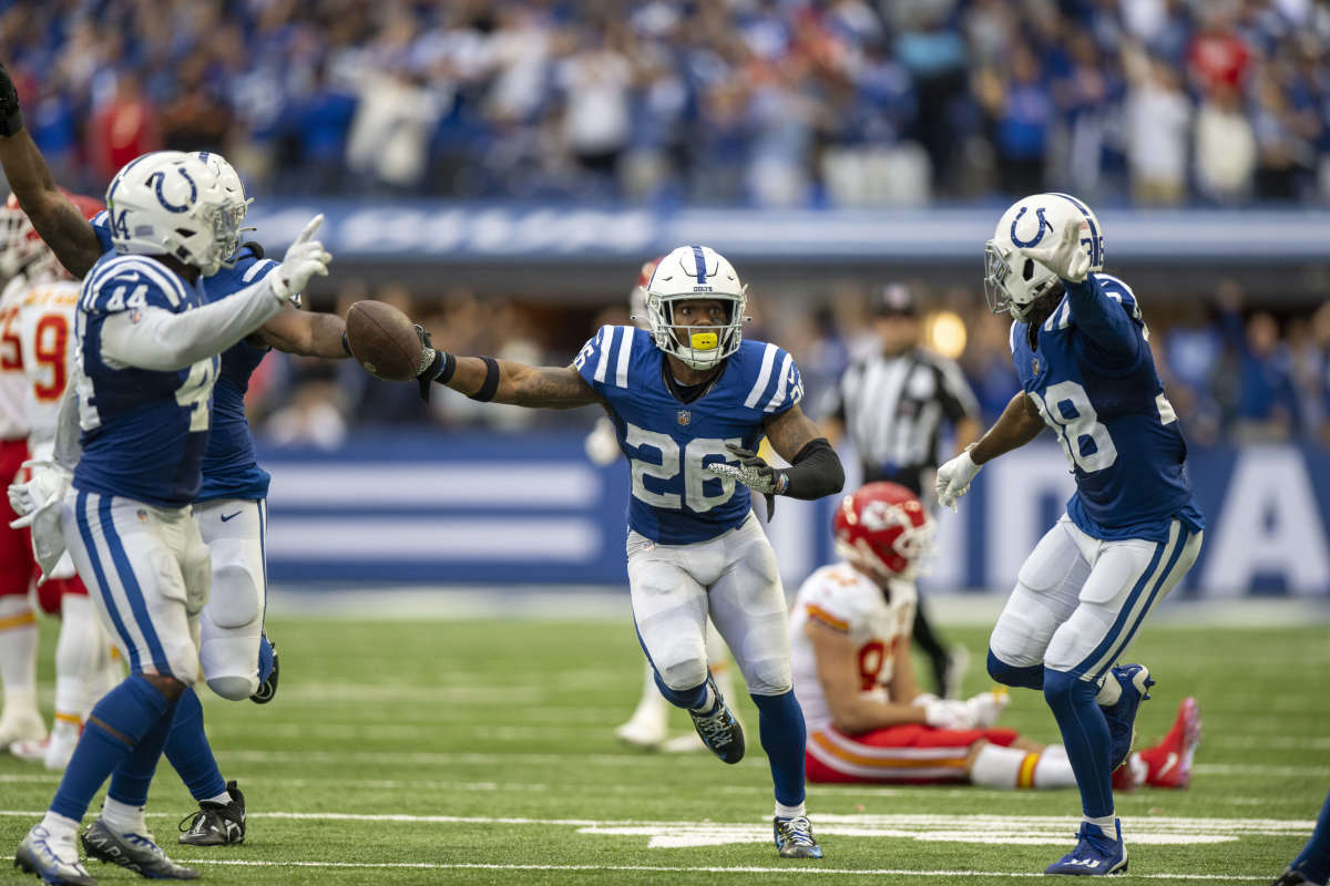 Sep 25, 2022; Indianapolis, Indiana, USA; Indianapolis Colts safety Rodney McLeod (26) celebrates intercepting a ball in the second half against the Kansas City Chiefs at Lucas Oil Stadium. Mandatory Credit: Marc Lebryk-USA TODAY Sports